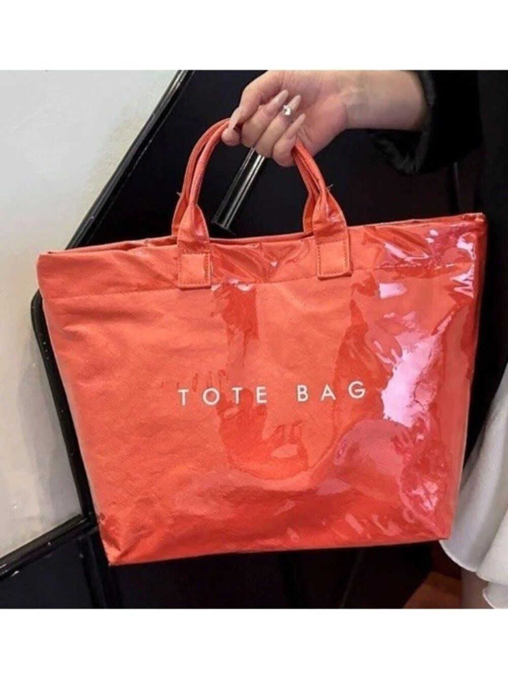 Large Orange Red Patent Jelly Tote Bag Waterproof Shoulder Handbag Purse